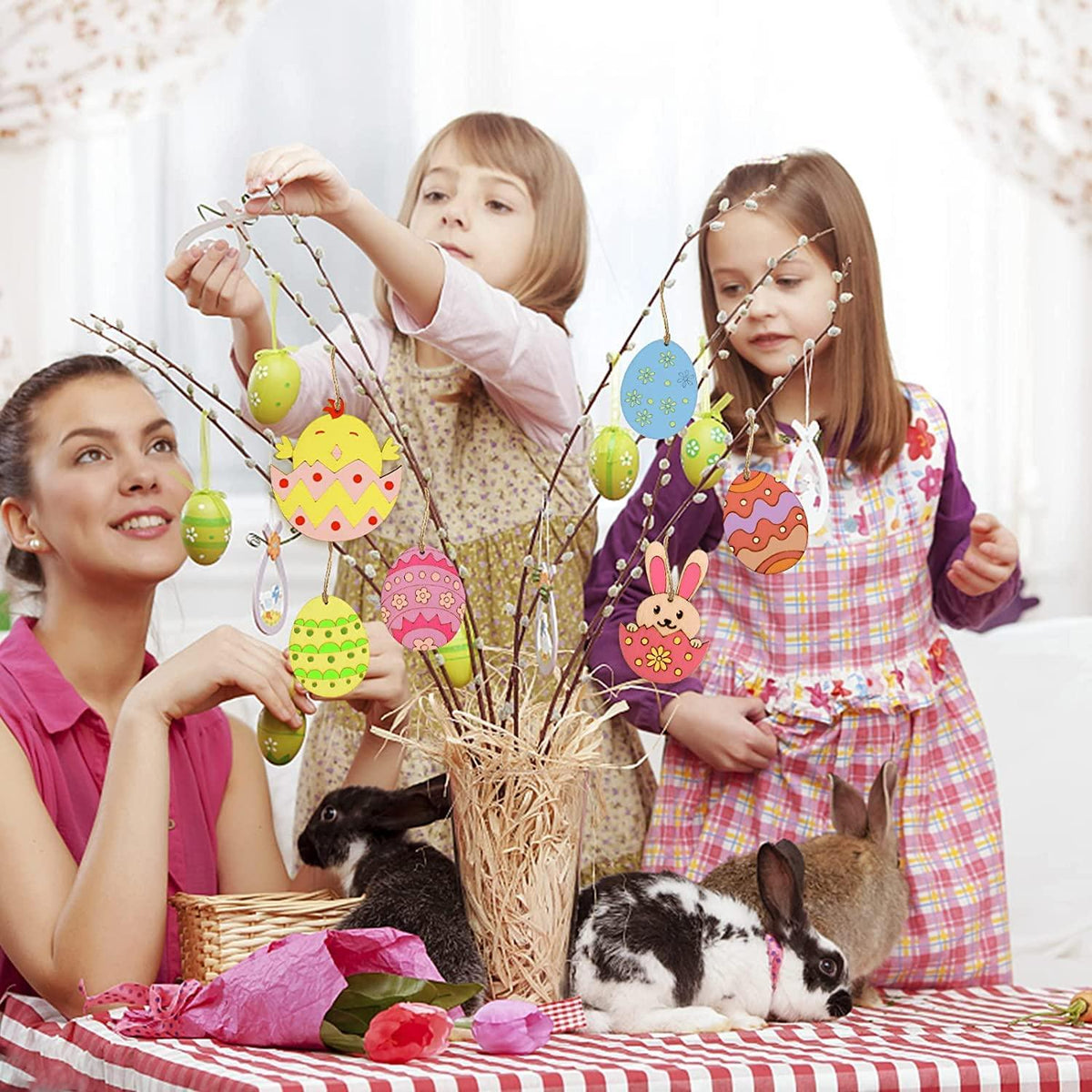 Haoser 12 Pieces Easter Egg Wooden Cutout Unfinished Wood Egg Slices Easter Wooden DIY Paint Crafts Hanging Embellishment with Twines for Easter Party Kids Painting Home Crafts Decorations Supplies - Haoser