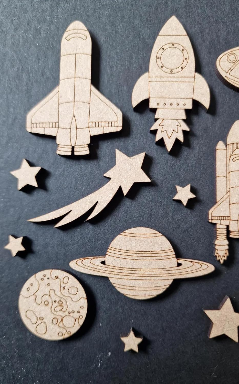 Set of 20 Wooden Space Themed Laser Cut MDF Shapes – Rockets, Planets, UFO, Spaceman, Comet, Satellite, Stars for DIY Crafts