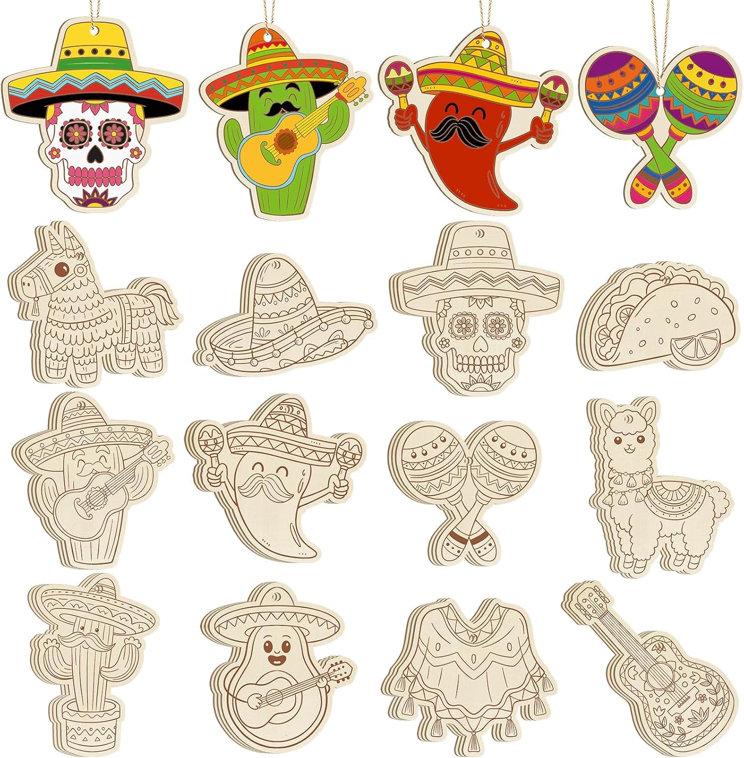 12 Pcs Cinco De Mayo Wooden Cutouts for DIY Craft | Mexican Fiesta Theme Unfinished Wood Shapes for Painting