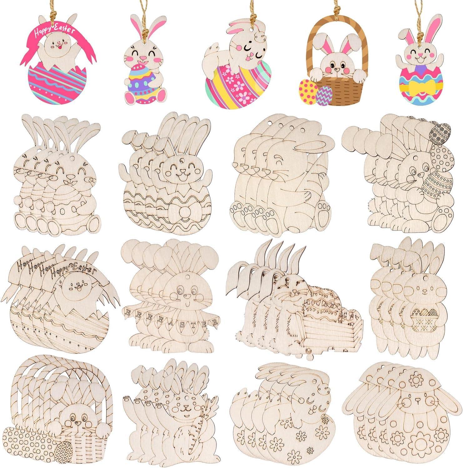 Haoser Easter Unfinished Wooden Cutouts, 12 PCS 12 Styles Bunny Rabbit Hanging Ornaments, Blank Wood Cutouts for Crafts, Wooden Blank Paint Crafts for DIY Easter Spring Home Holiday School Decoration - Haoser