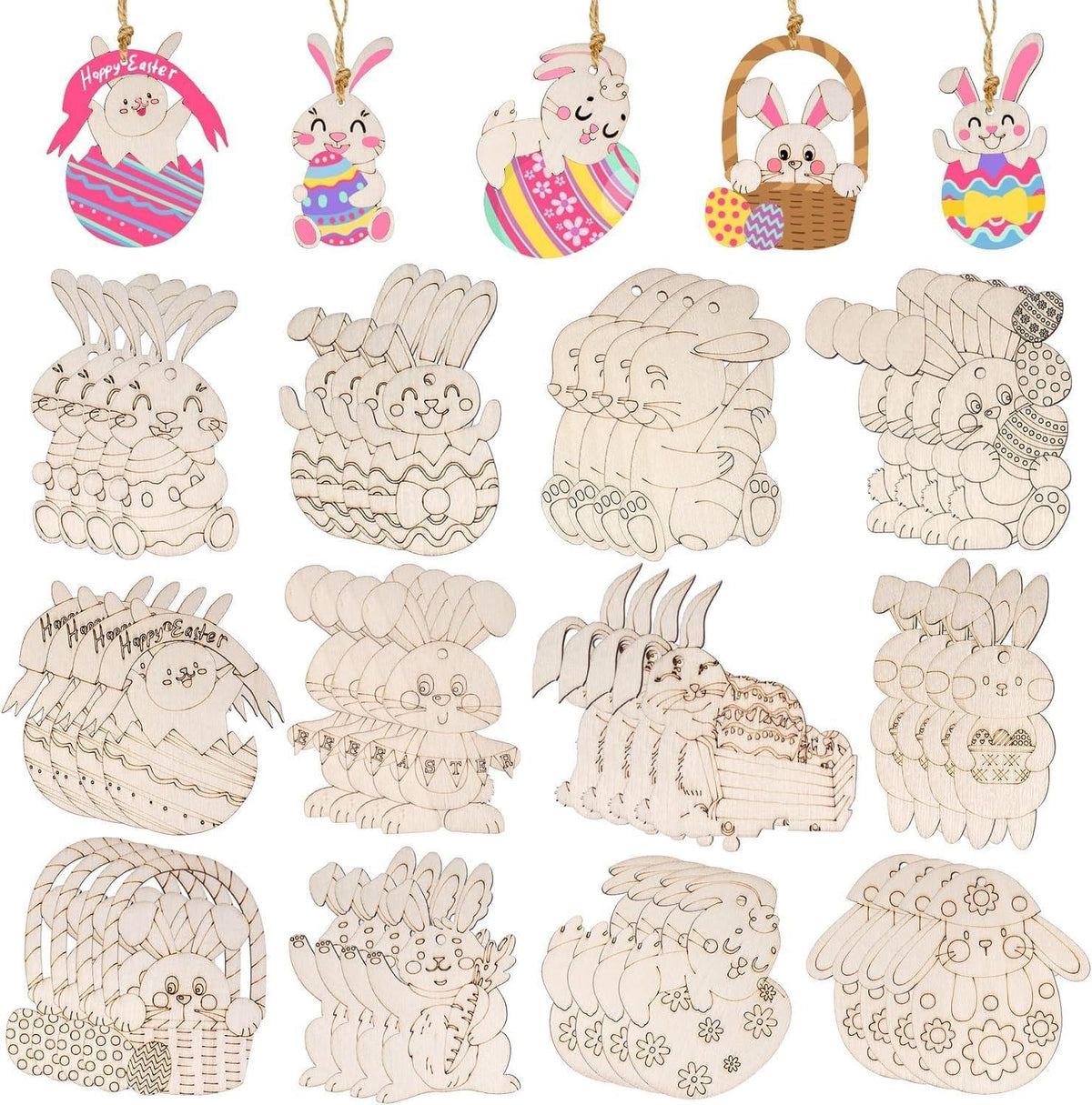 Haoser Easter Unfinished Wooden Cutouts, 12 PCS 12 Styles Bunny Rabbit Hanging Ornaments, Blank Wood Cutouts for Crafts, Wooden Blank Paint Crafts for DIY Easter Spring Home Holiday School Decoration - Haoser