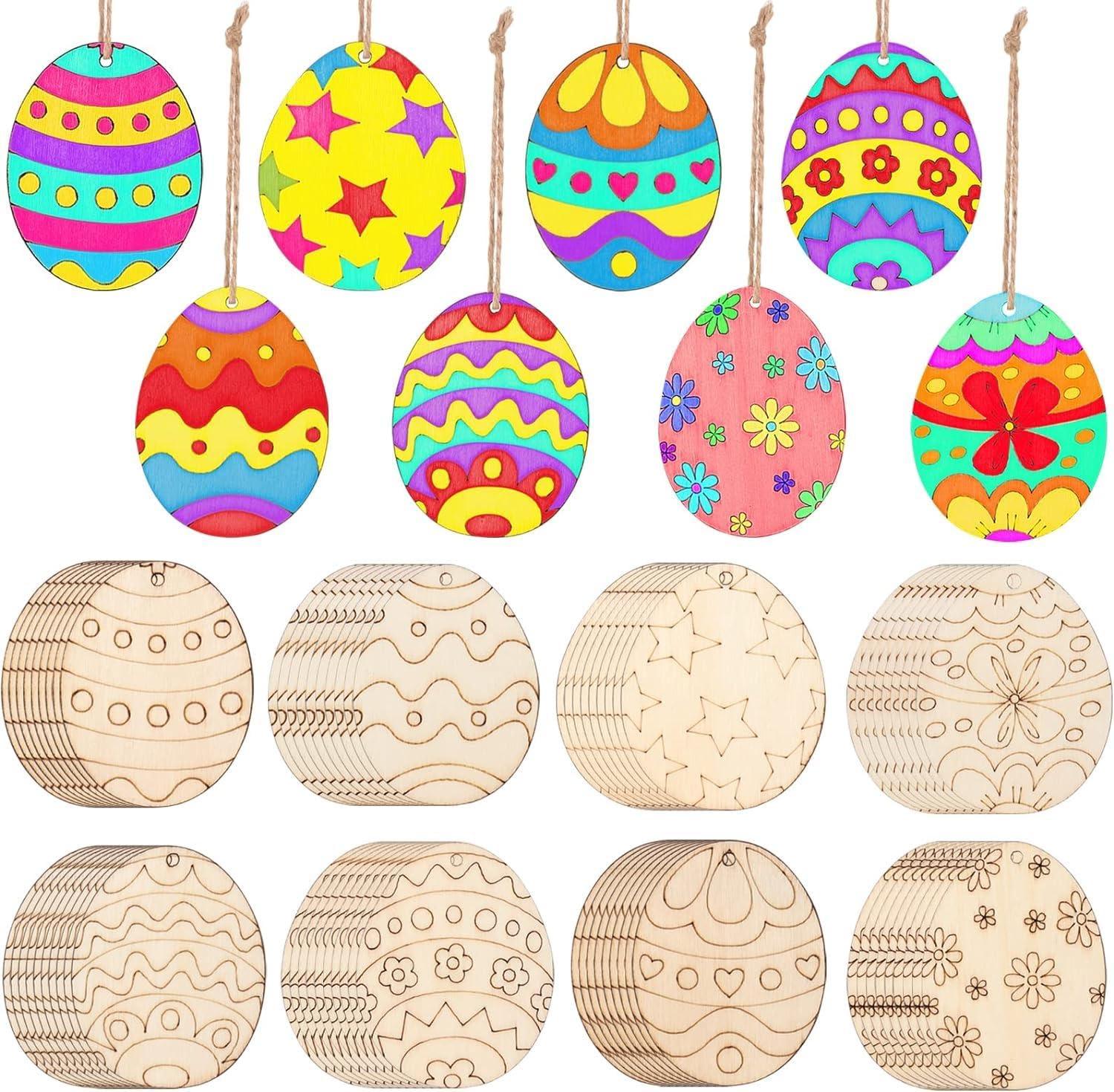 Haoser 16 PCS Easter Wooden Hanging Ornaments Unfinished Wood Slices Eggs Easter Crafts for Kids DIY Easter Decorations Party Supplies Decor - Haoser