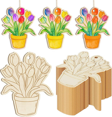 24 PCS Wooden Easter Ornaments for DIY Craft | 3.5 Inch Spring Cutouts