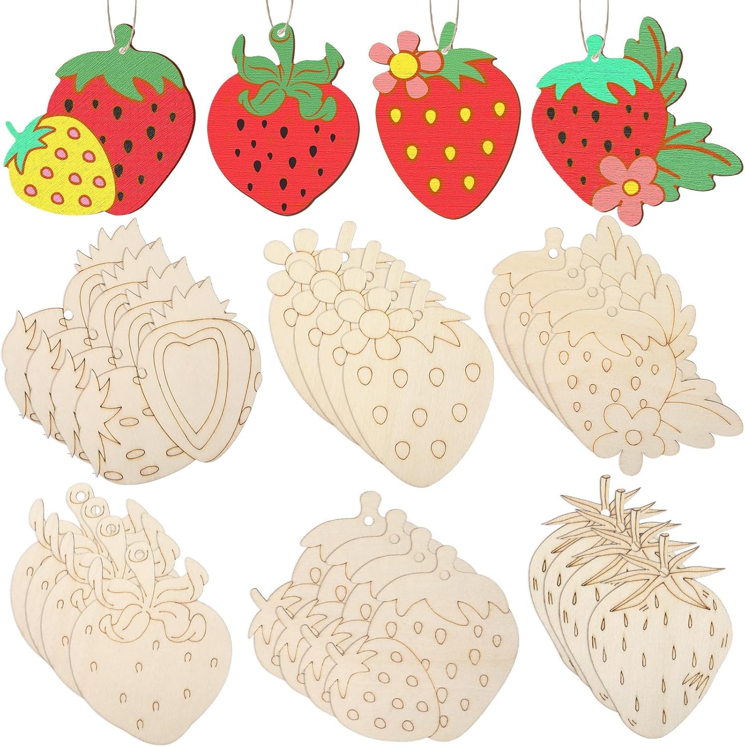 24 Set Strawberry Wooden Craft Kit | DIY Paint Your Own Fruit Kit with Twine | Unfinished Wooden Strawberry Ornaments