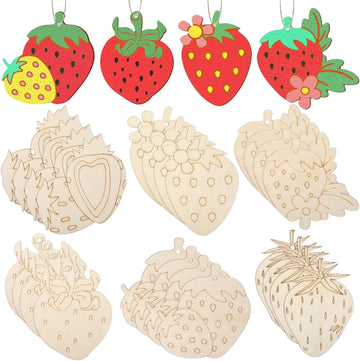 24 Set Strawberry Wooden Craft Kit | DIY Paint Your Own Fruit Kit with Twine | Unfinished Wooden Strawberry Ornaments