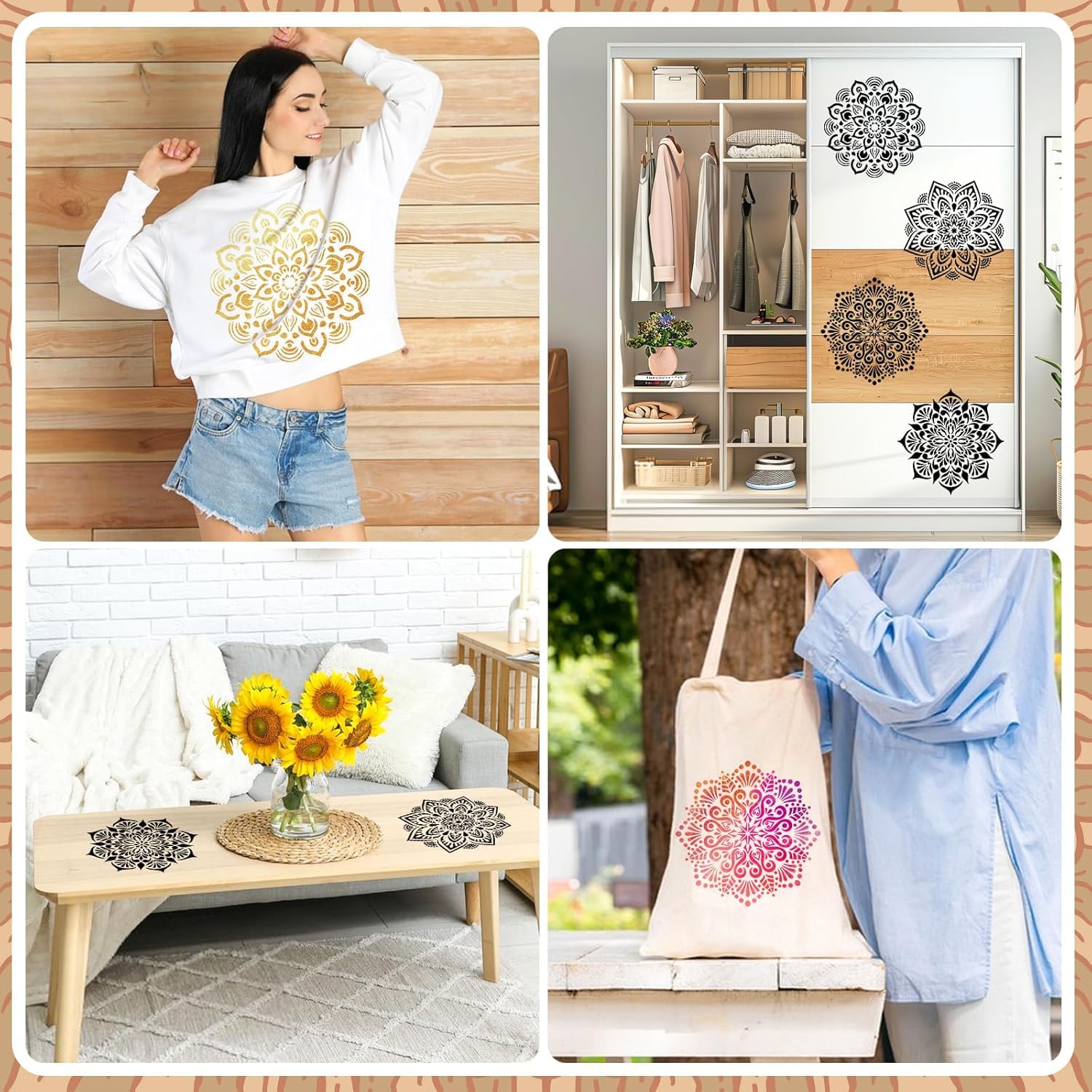 4 Pcs Large Mandala Stencils for Painting – Reusable Flower Art Templates for Spray Paint, Graffiti