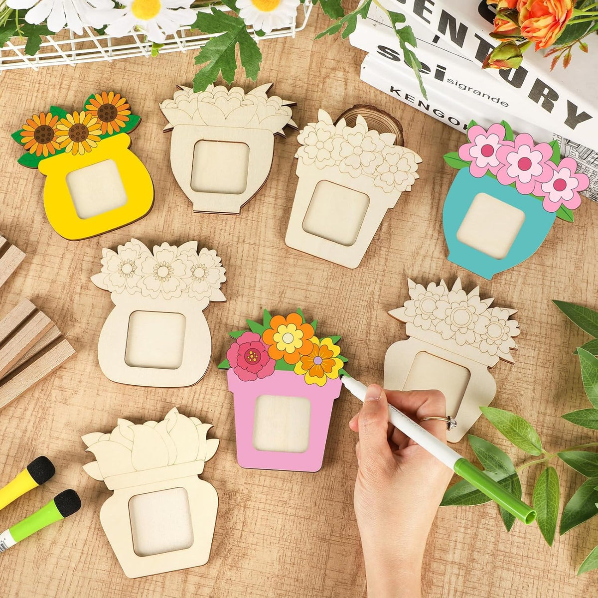 8 Pcs Flower Spring Wood Crafts to Paint, Wooden Flowers Picture Frame for Craft, Unfinished Spring Picture Frame Craft