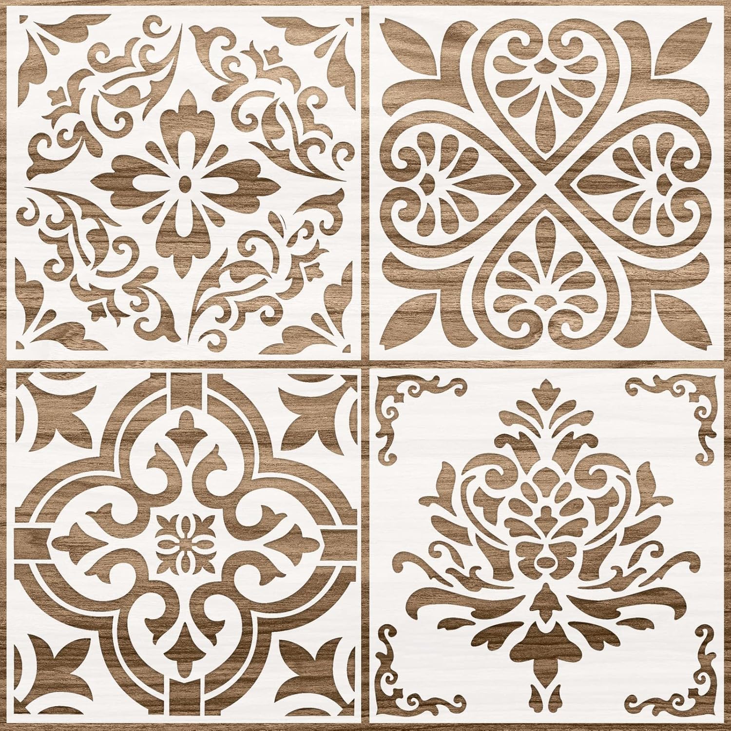 4 Pieces Reusable Plastic Tile Stencil Set 12x12 Inch | Flower Style Wall & Floor Stencils | DIY Craft, Scrapbook, Wood, Home Decor Templates