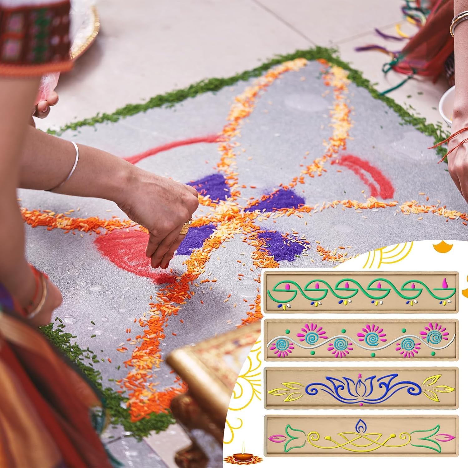4 Pcs Wooden Rangoli Stencils for Diwali | 11.8x2.4 Inch Border Design DIY Sand Art Templates
