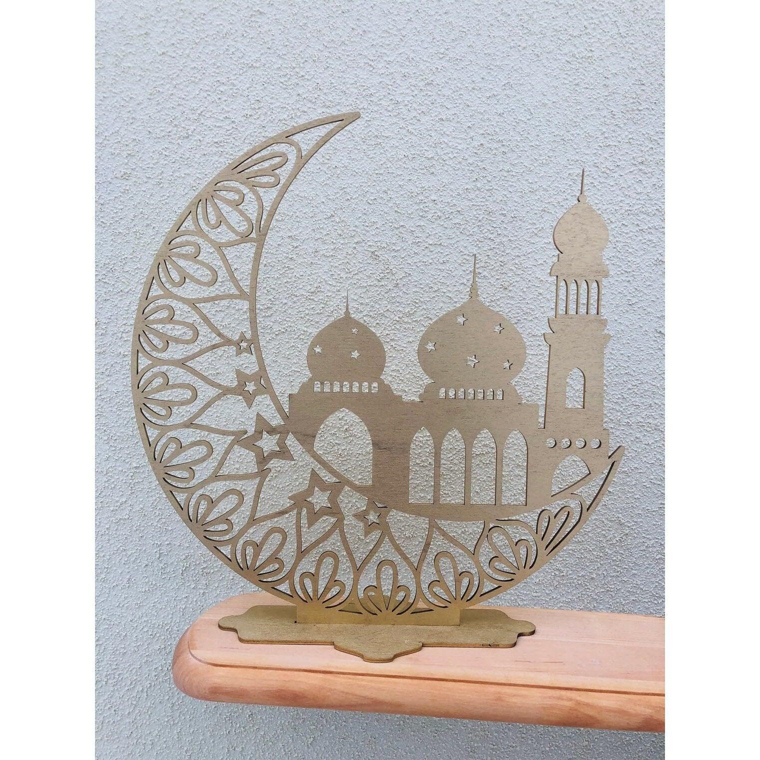 Haoser Freestanding mosque decor moon decoration sign Ramadan Kareem Sign Blessed Ramadan sign Eid Mubarak Islamic gifts Islamic wooden signs,ramzan decoration items - Haoser