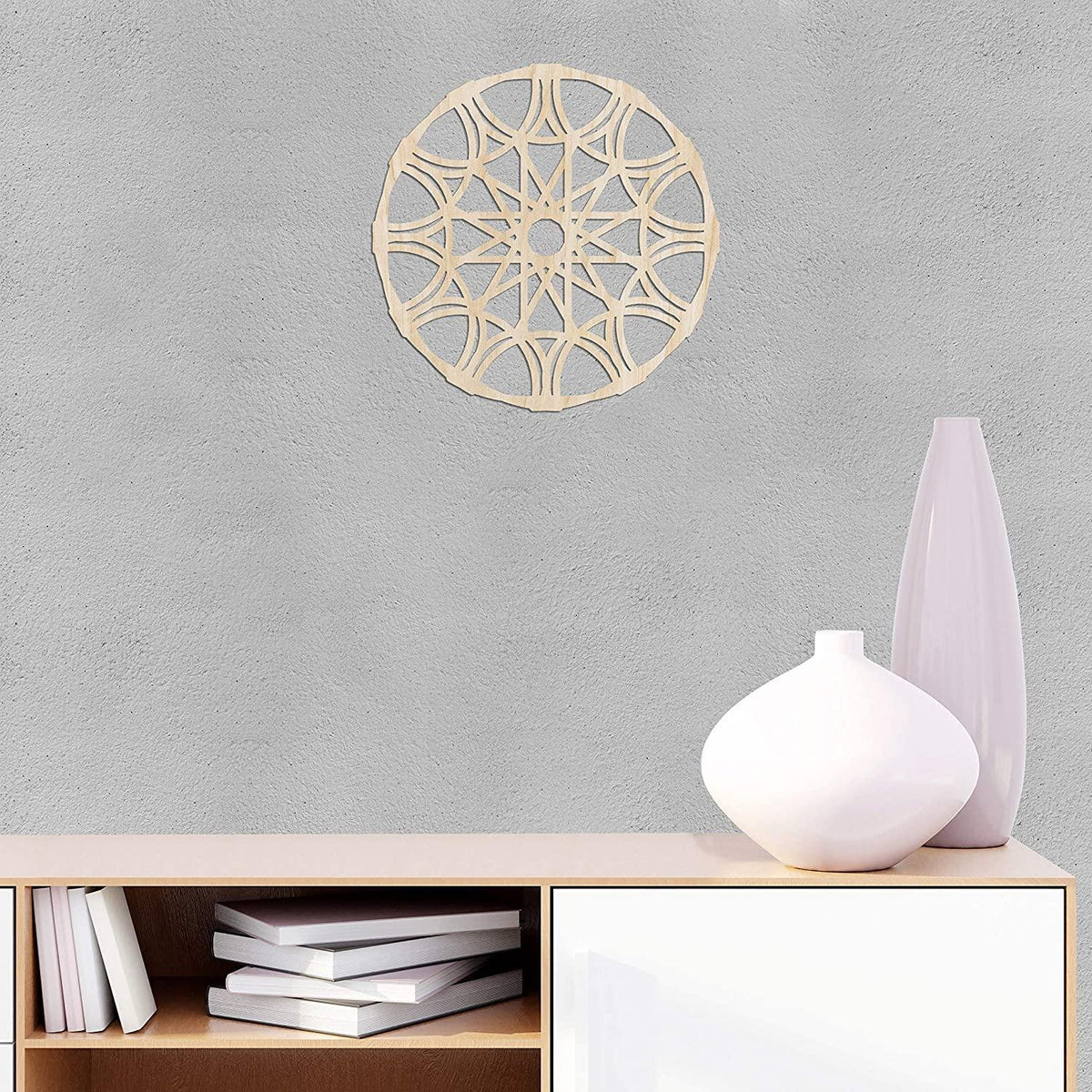 Detail of the whirl-pattern lattice cut through the birch plywood mandala panel