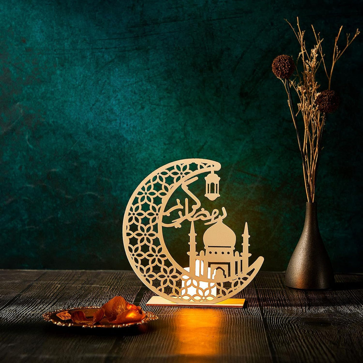 Haoser ramadan table decor,Ramadan Mubarak Wooden Moon Shape Light Decoration, Ramadan Mubarak Decor item,Eid Ornaments for Muslims, Ramadan, Islamic Table Decor, 5.8 x 5.5 Inch-2 pc