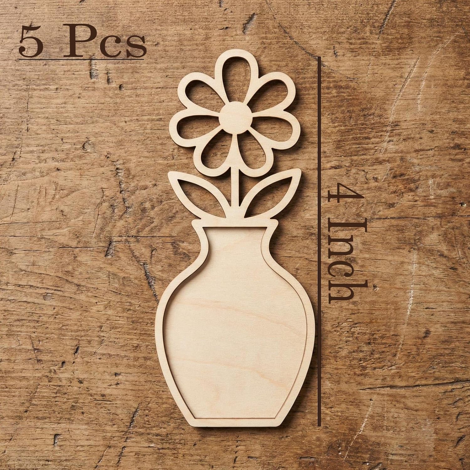 Wooden 5 Pcs Wooden Daisy Flower in Vase Craft Blank 4 Inch | MDF Floral Cutout | DIY Flower Craft Shape for Painting