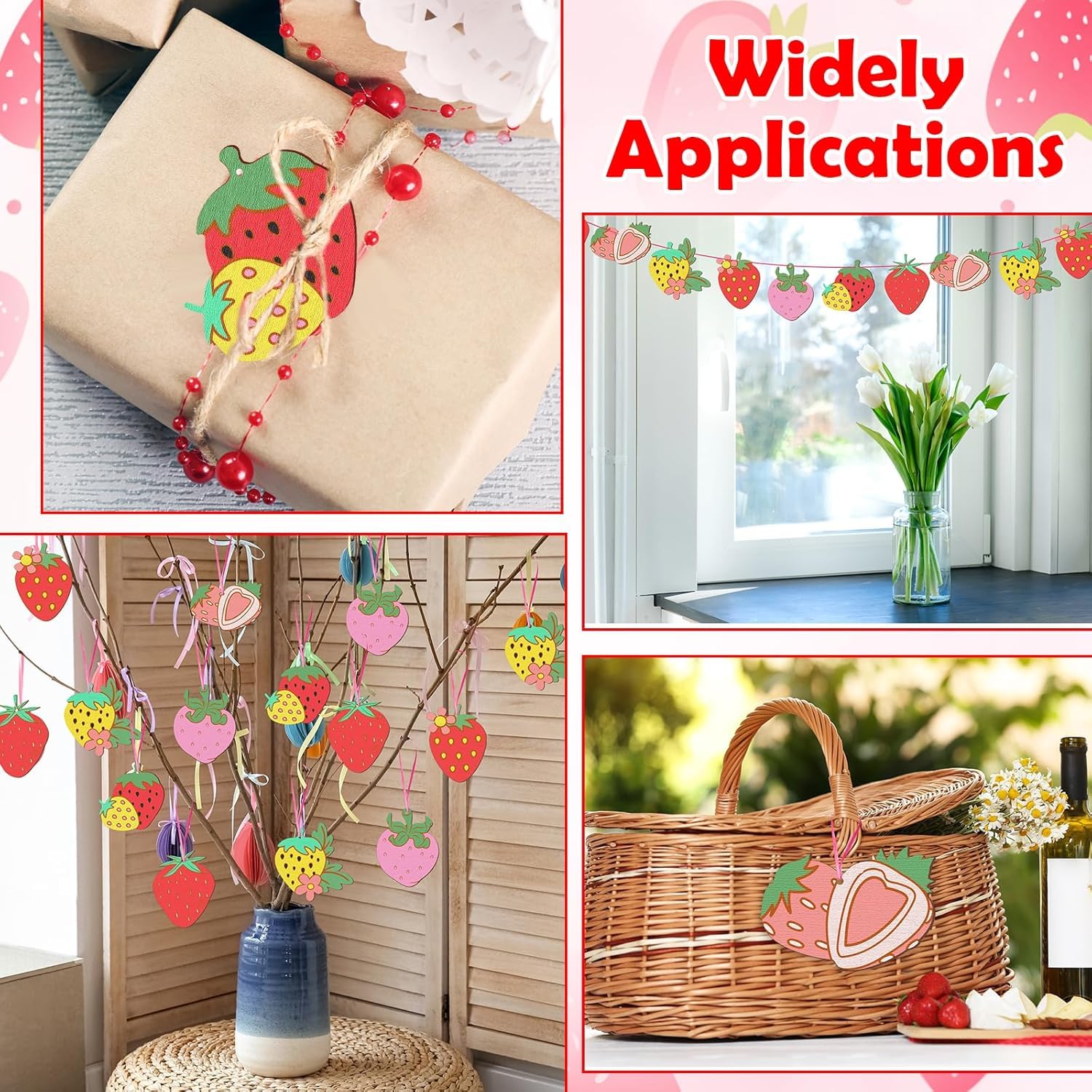 24 Set Strawberry Wooden Craft Kit | DIY Paint Your Own Fruit Kit with Twine | Unfinished Wooden Strawberry Ornaments