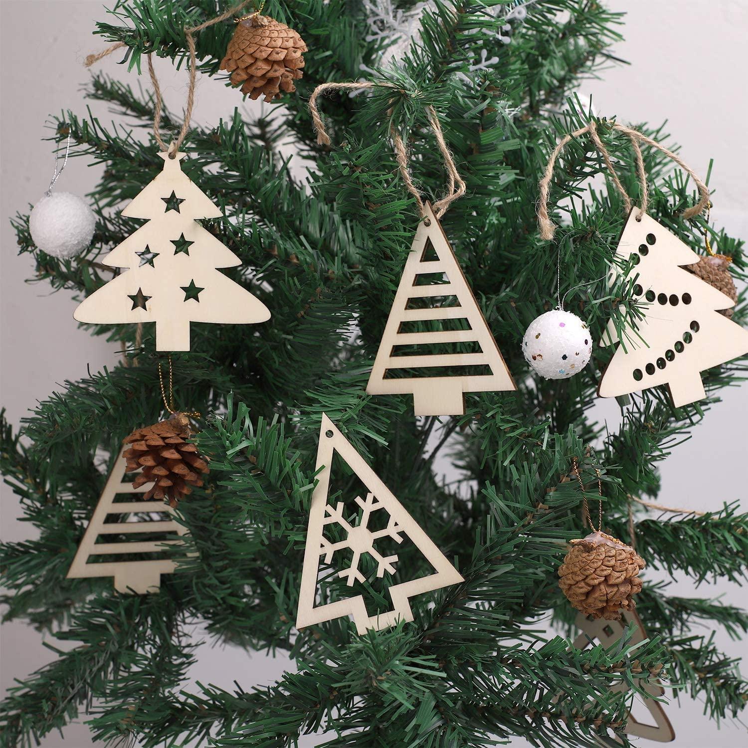 Haoser Pack of 4 Unfinished Wooden Christmas Tree Shape Ornaments with Holes, Christmas Wood Cutouts Hanging Decorations for Xmas DIY Crafts - Haoser
