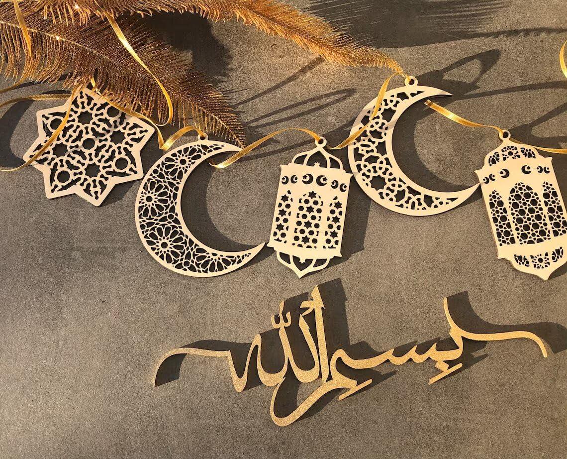 Curious button Set of 6 MDF Ramadan Mubarak Hanging Items Decoration|,Eid Decors,Ramadan Kareem Ramadan Decorations,Eid Gifts Islamic Table Decor Islamic Wall Art Ramadan Mubarak - Haoser