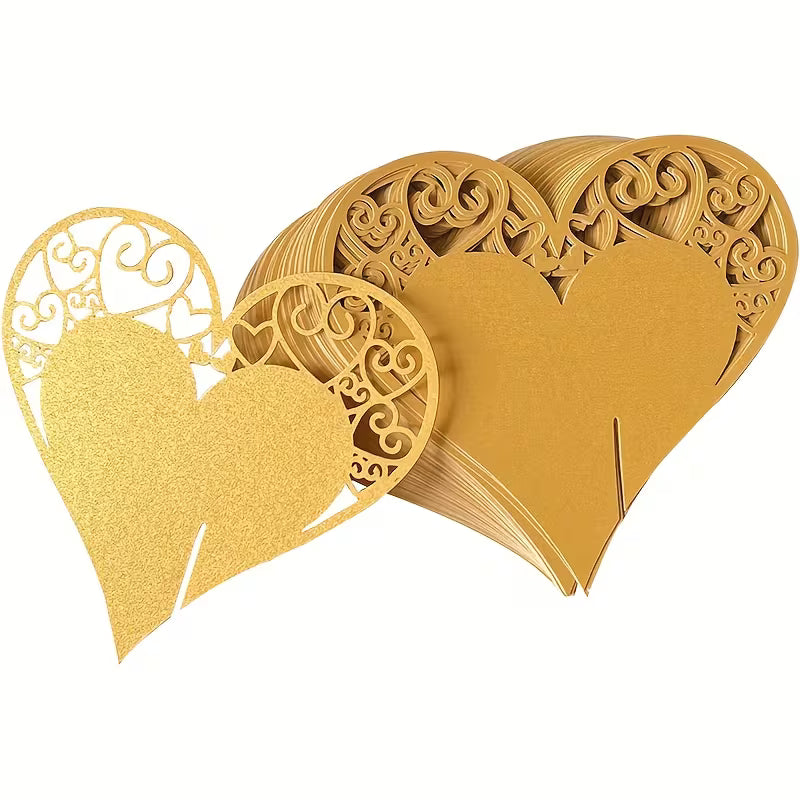 Pack of 10 Golden Heart-Shaped | Openwork Table Name Cards for Wedding, Party & Holiday Décor | Reusable Decorative Escort Cards for Christmas, Valentine’s & Mother’s Day | 3.14 x 3.14 Inch