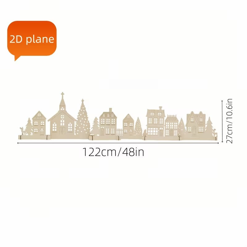 6 Pcs Rustic Wooden Christmas Village Set – 48 x 10.6 Inch, Pine MDF Tabletop