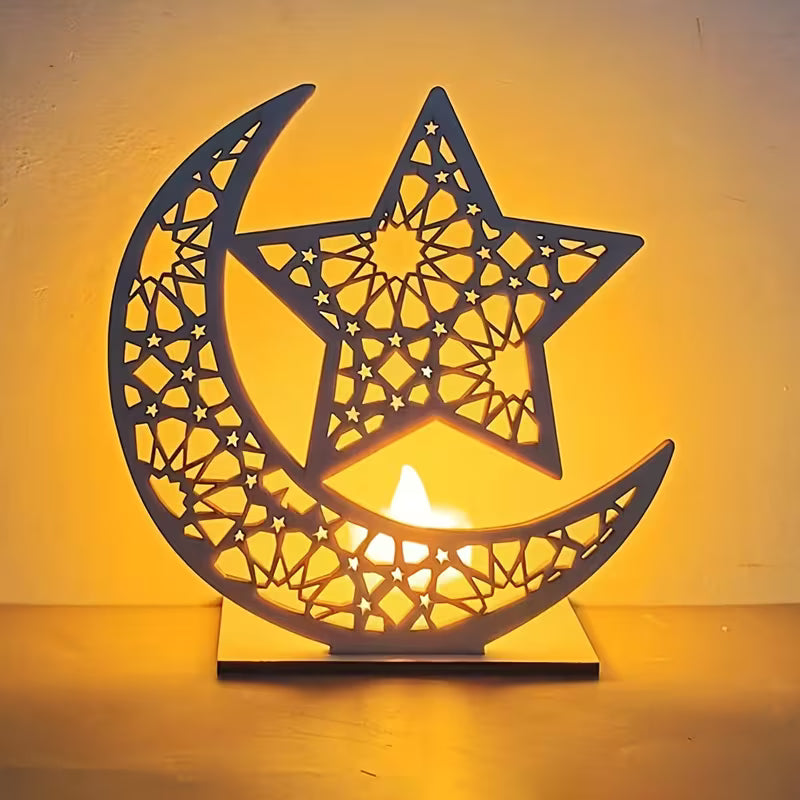 Wooden Moon & Star Craft Ornament Tabletop Decor | Wooden Moon Star Decor | Eid Decor Ornaments | Eid Ramadan Festive Decor | 5.9 Inch