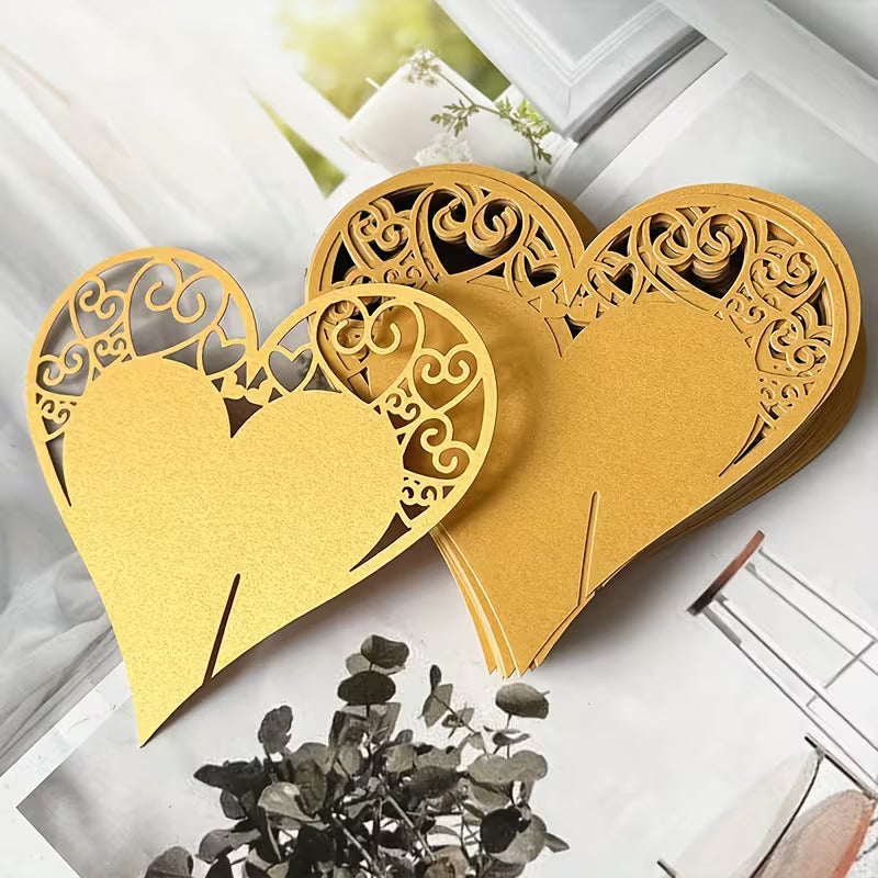 Pack of 10 Golden Heart-Shaped | Openwork Table Name Cards for Wedding, Party & Holiday Décor | Reusable Decorative Escort Cards for Christmas, Valentine’s & Mother’s Day | 3.14 x 3.14 Inch