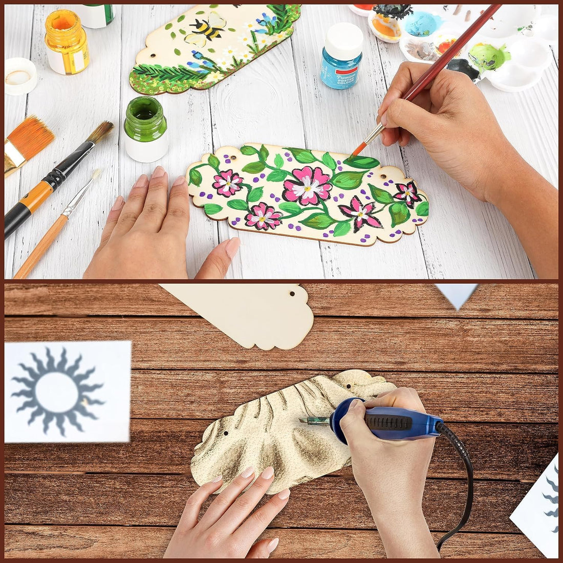 24 Pack of Assorted Blank Unfinished Wood Plaques - Wooden Plywood Craft Cutouts with Hanging Rope