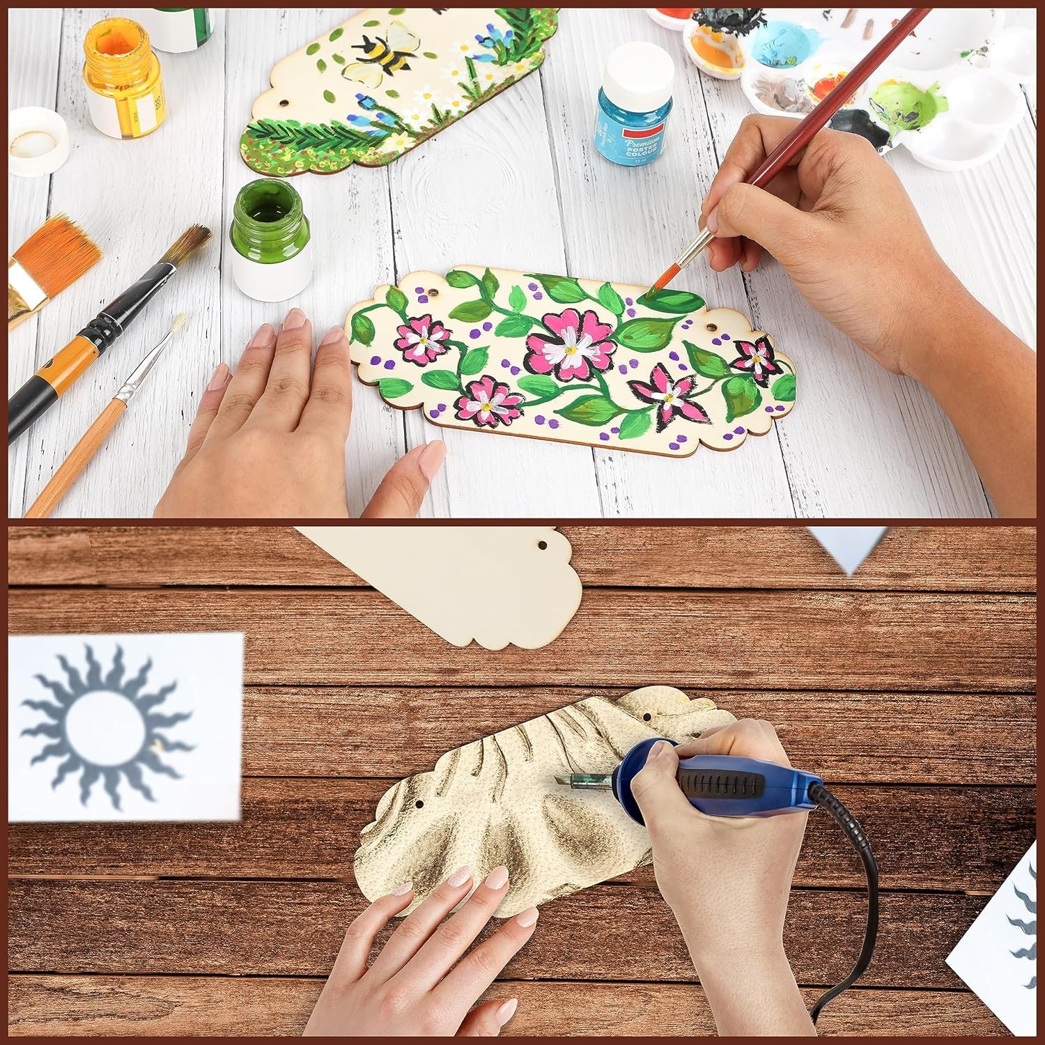 24 Pack of Assorted Blank Unfinished Wood Plaques - Wooden Plywood Craft Cutouts with Hanging Rope
