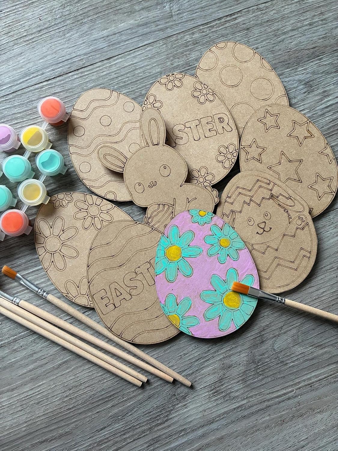 Pack of 8 Wooden Easter Paint Kit | 4 Inch MDF Eggs & Bunny DIY Craft Set