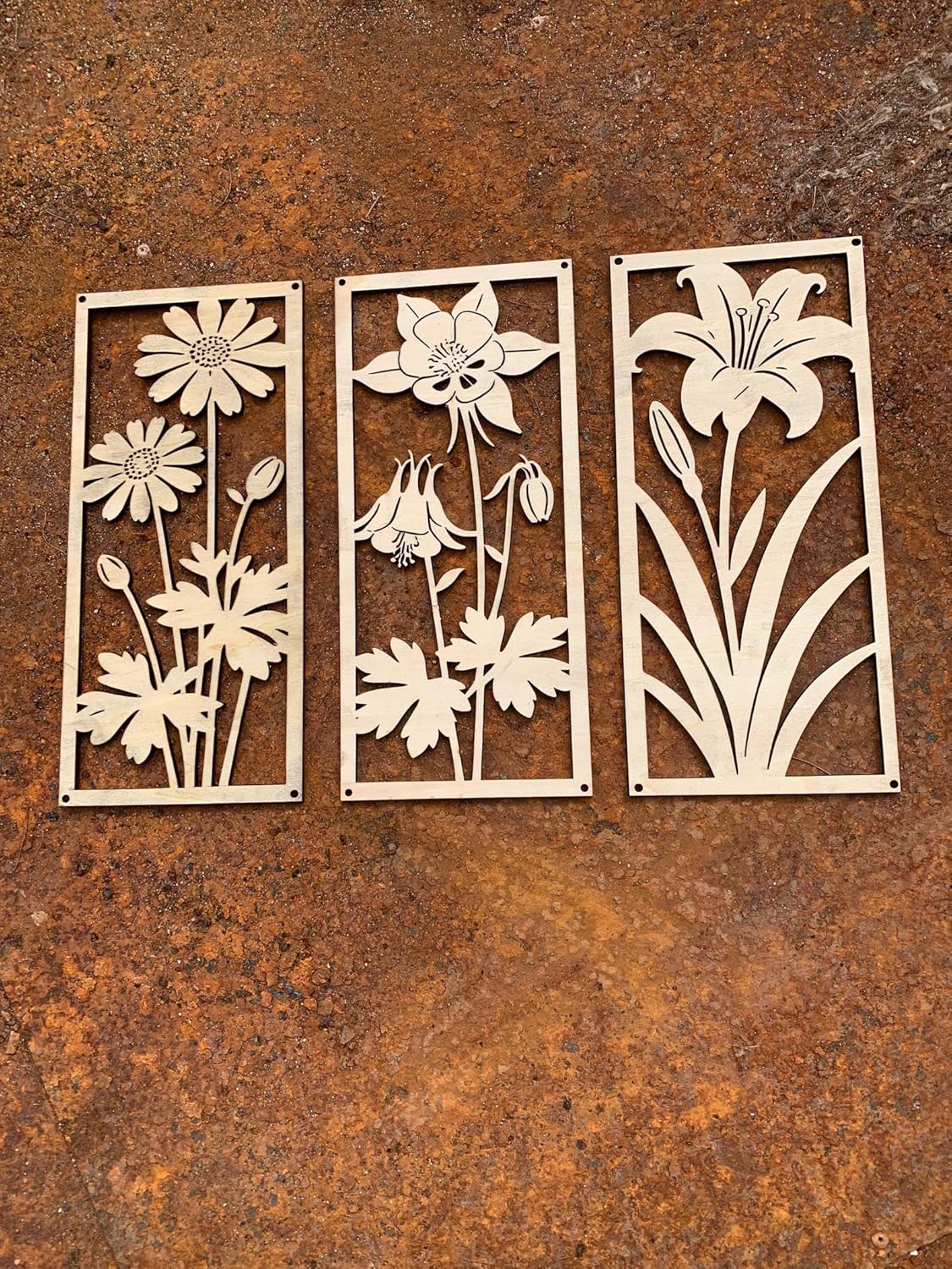 Set of 3 Wooden Floral Wall Art Panels | Minimalist Boho Flower Wall Decor