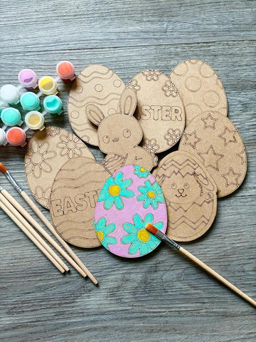 Pack of 8 Wooden Easter Paint Kit | 4 Inch MDF Eggs & Bunny DIY Craft Set