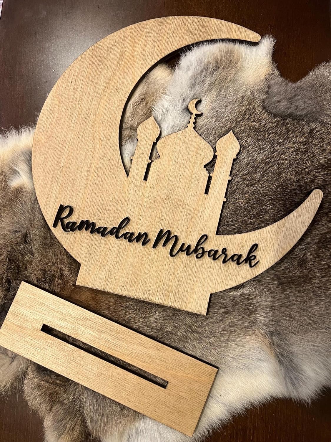 Ramadan Mubarak Wooden Table Decor | Islamic Crescent Moon Mosque Design | Wooden Ramadan Home Decoration