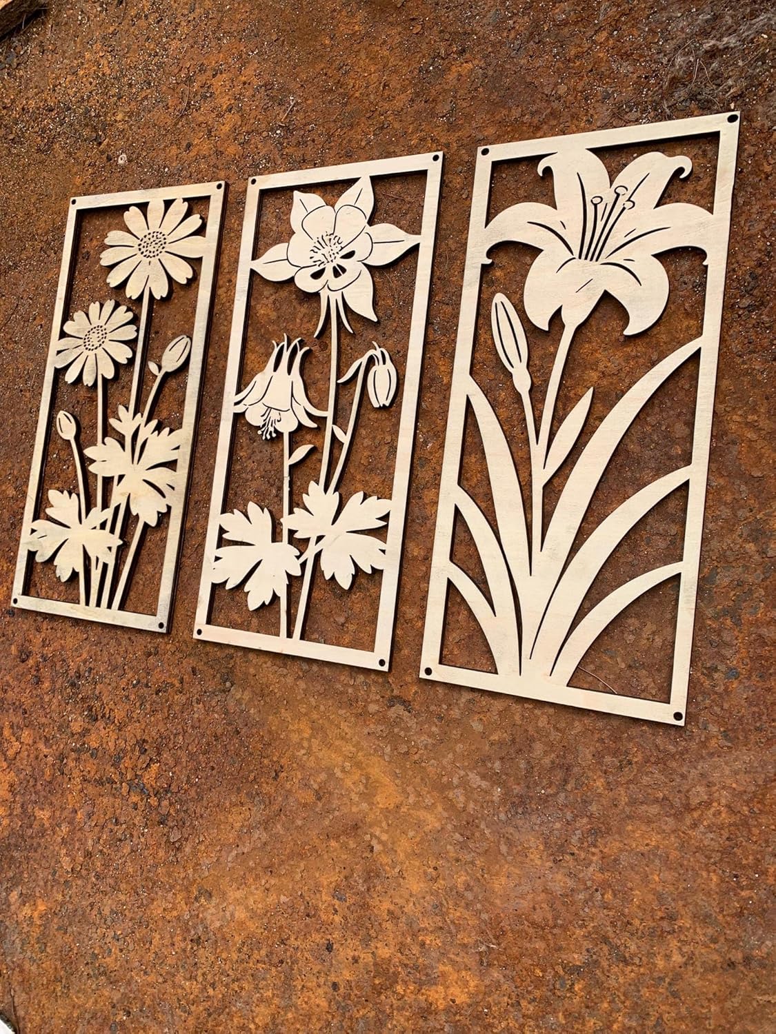 Set of 3 Wooden Floral Wall Art Panels | Minimalist Boho Flower Wall Decor