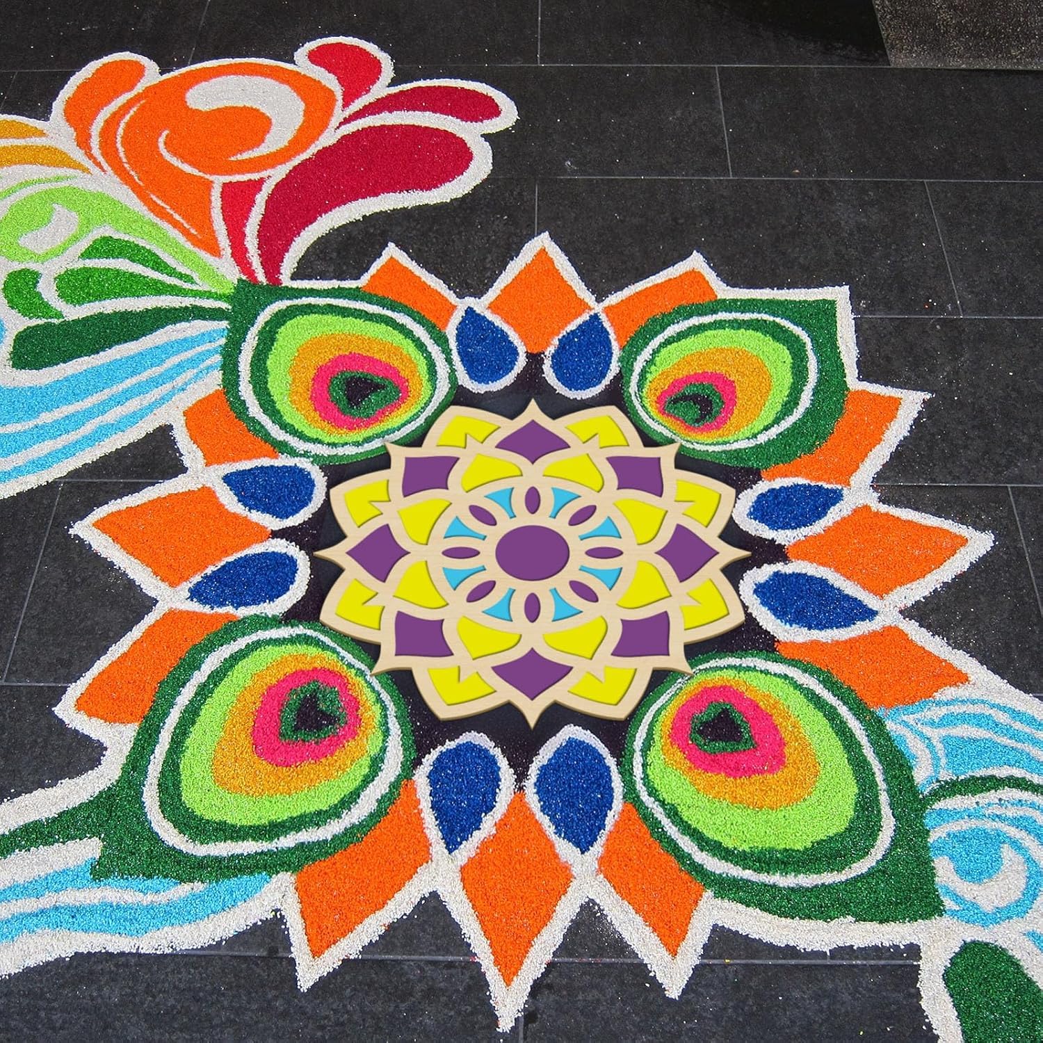 4 Pcs Wooden DIY Rangoli Stencils 11.8 Inch – Mandala, Lotus, Elephant, Peacock Templates for Diwali Decoration