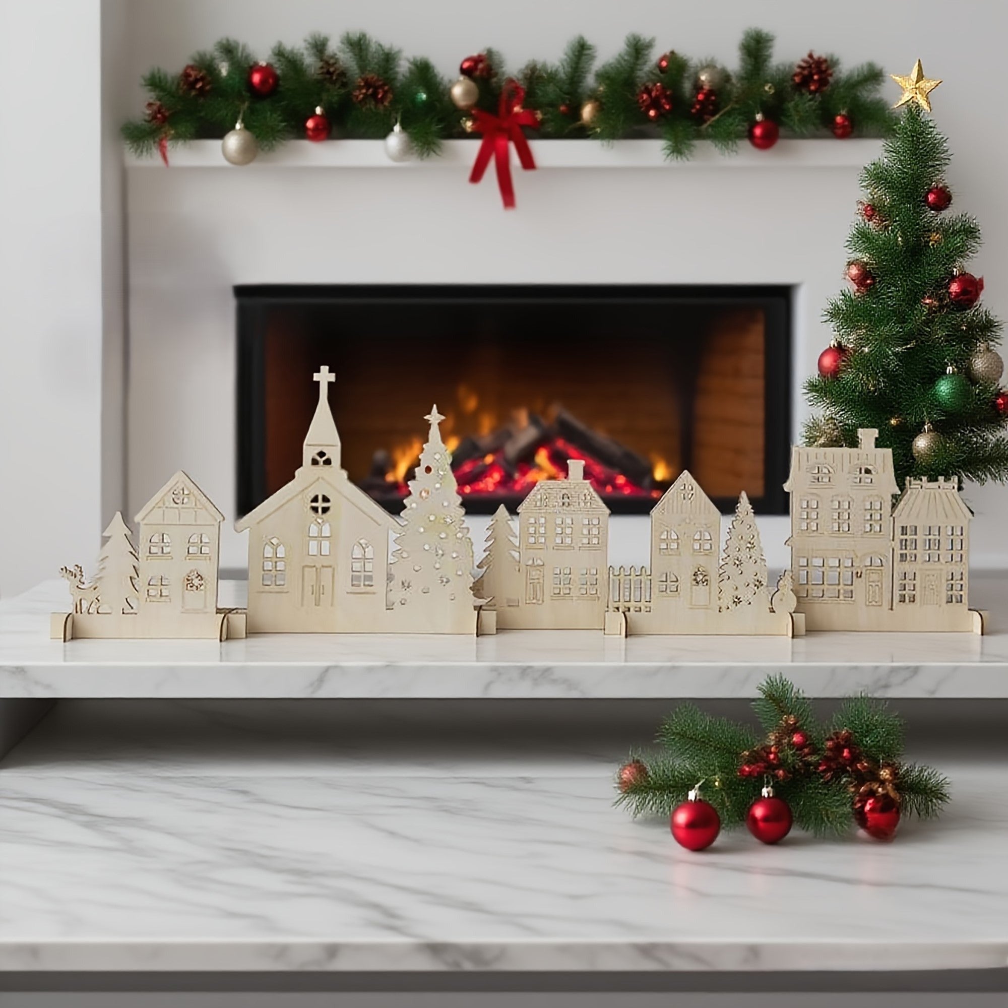 6 Pcs Rustic Wooden Christmas Village Set – 48 x 10.6 Inch, Pine MDF Tabletop