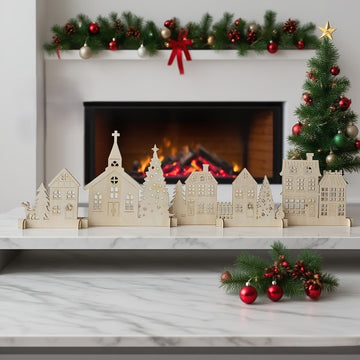 6 Pcs Rustic Wooden Christmas Village Set – 48 x 10.6 Inch, Pine MDF Tabletop
