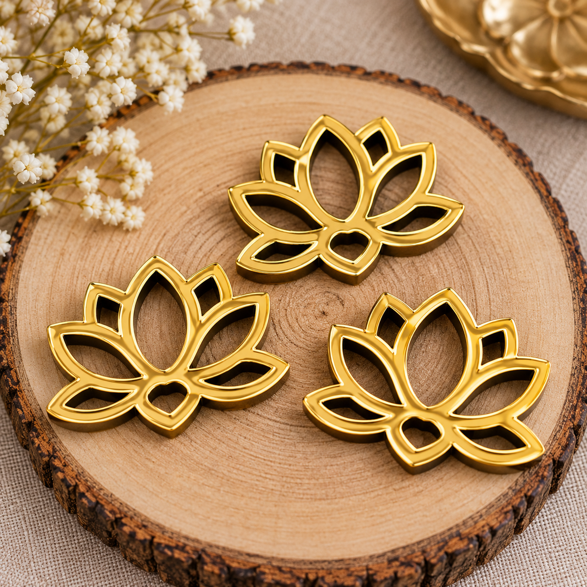 Haoser Golden Acrylic Lotus Cutouts, Self Adhesive Lotus Shape for DIY Crafts, Diwali, Pooja, Gift & Festive Decoration, Pack of 10
