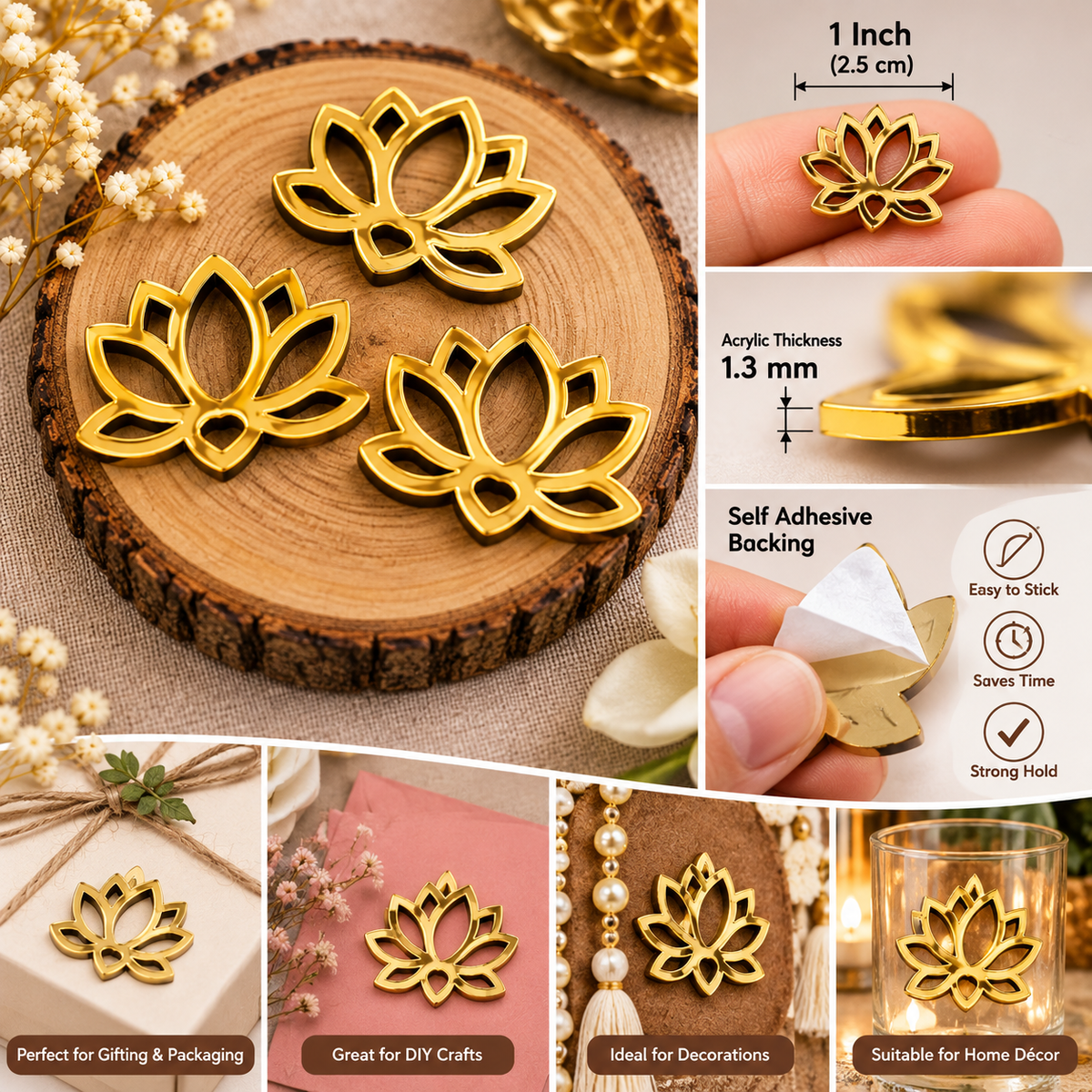 Haoser Golden Acrylic Lotus Cutouts, Self Adhesive Lotus Shape for DIY Crafts, Diwali, Pooja, Gift & Festive Decoration, Pack of 10