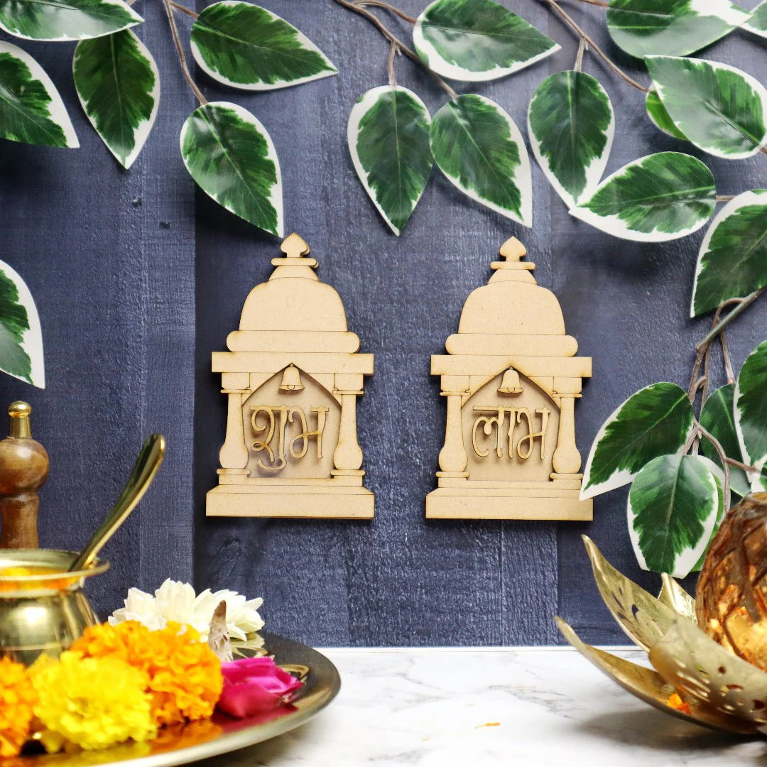 Pair of 6 Wooden Shubh Labh for Diwali Decor – 6 Shubh 6 Labh MDF Cutouts Wall Hanging Pooja Festival Decoration, 4x3.15 Inch