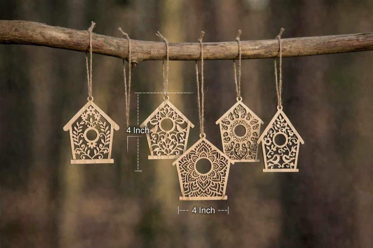 Pack of 6 Easter Tree Bird Houses SVG File Ornaments, Laser Cut Files, Wooden Home Decorations, Mandala Craft Kit - 4 Inch, (1 Pcs Each)