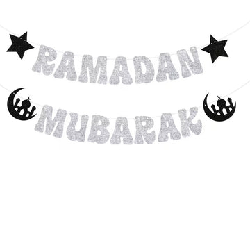 Ramadan Mubarak Paper Banner Set | Silver Glitter Finish Paper Hanging Decoration | 1 Set Islamic Eid Al-Fitr Party Decor for Home, Mosque & Iftar | Letter 5.91 Inch