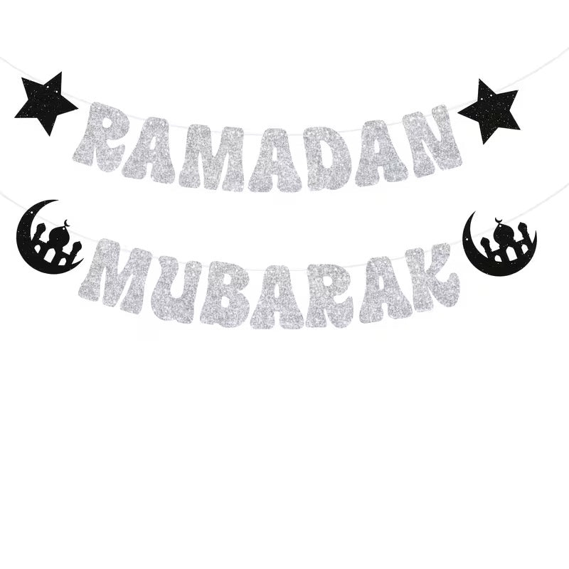 Ramadan Mubarak Paper Banner Set | Silver Glitter Finish Paper Hanging Decoration | 1 Set Islamic Eid Al-Fitr Party Decor for Home, Mosque & Iftar | Letter 5.91 Inch