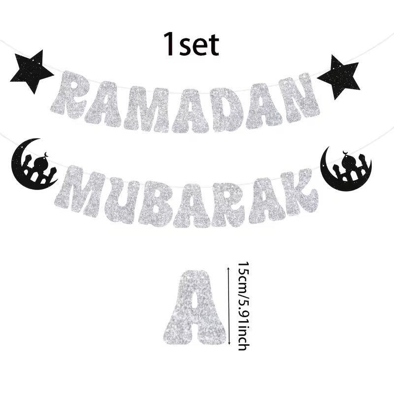 Ramadan Mubarak Paper Banner Set | Silver Glitter Finish Paper Hanging Decoration | 1 Set Islamic Eid Al-Fitr Party Decor for Home, Mosque & Iftar | Letter 5.91 Inch