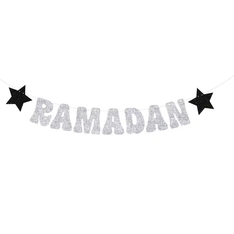 Ramadan Mubarak Paper Banner Set | Silver Glitter Finish Paper Hanging Decoration | 1 Set Islamic Eid Al-Fitr Party Decor for Home, Mosque & Iftar | Letter 5.91 Inch