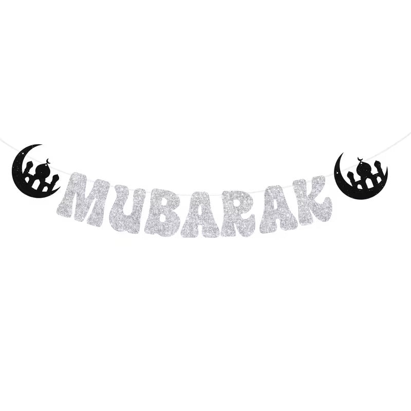 Ramadan Mubarak Paper Banner Set | Silver Glitter Finish Paper Hanging Decoration | 1 Set Islamic Eid Al-Fitr Party Decor for Home, Mosque & Iftar | Letter 5.91 Inch