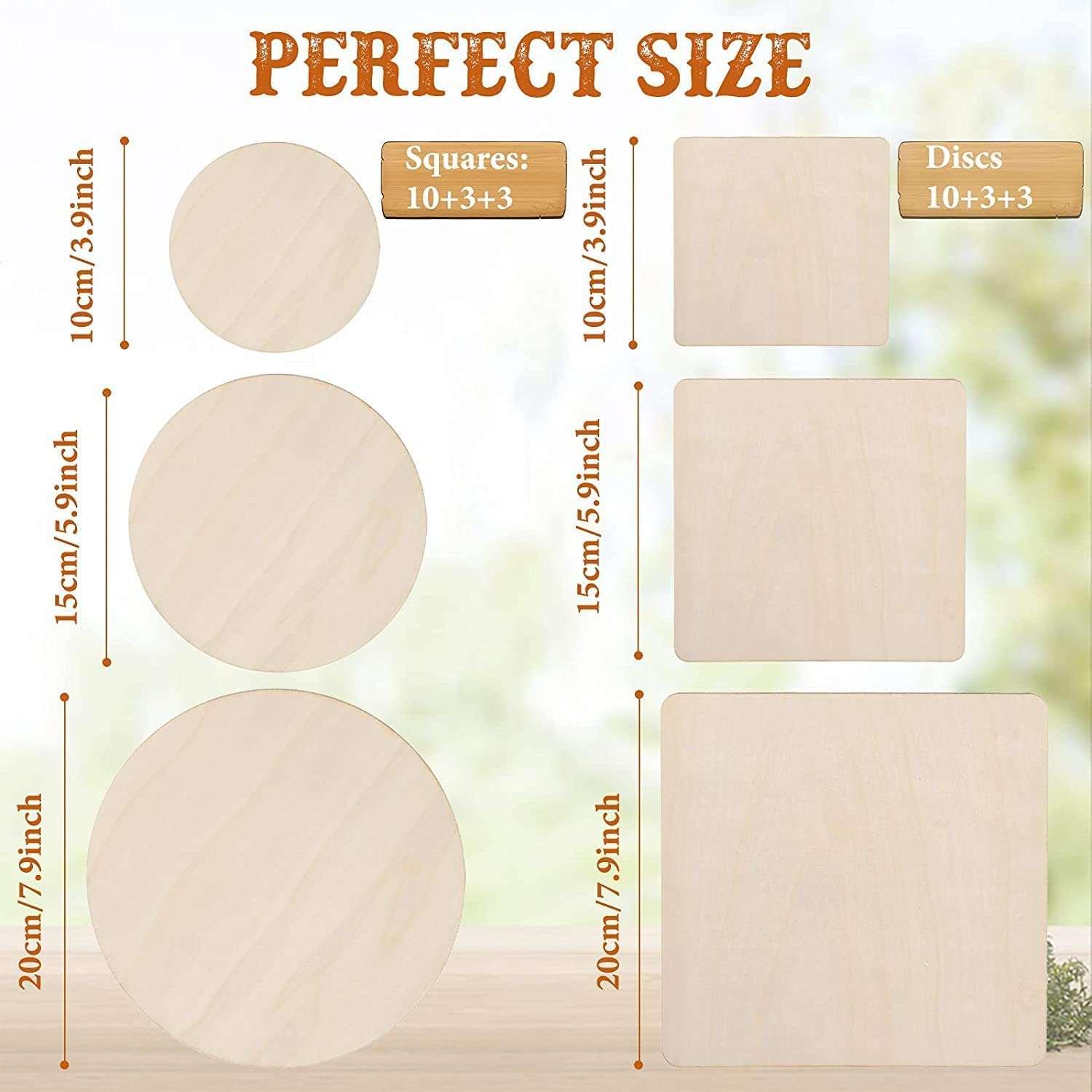 Haoser 18 Pieces Unfinished Blank Wood Pieces Wooden Squares for Crafts Natural Wooden Cutouts Tiles Round Wood Circles