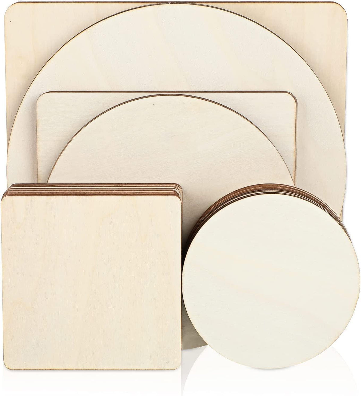 Haoser 18 Pieces Unfinished Blank Wood Pieces Wooden Squares for Crafts Natural Wooden Cutouts Tiles Round Wood Circles