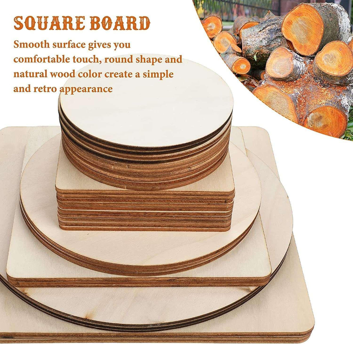 Haoser 18 Pieces Unfinished Blank Wood Pieces Wooden Squares for Crafts Natural Wooden Cutouts Tiles Round Wood Circles