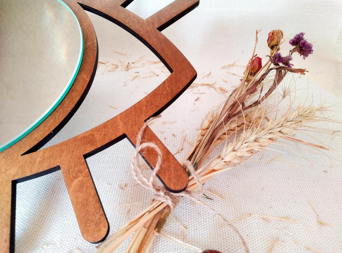 Wooden Evil Eye Wall Mirror | Boho All Seeing Eye Home Decor | Evil Eye Wooden Wall Art Mirror for Living Room & Bedroom | 12 x 12.8 Inch