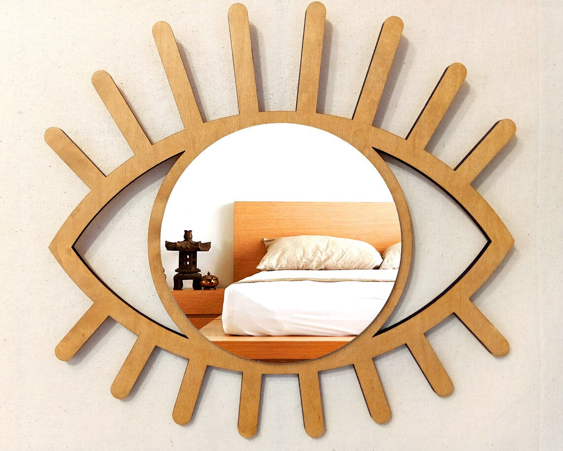 Wooden Evil Eye Wall Mirror | Boho All Seeing Eye Home Decor | Evil Eye Wooden Wall Art Mirror for Living Room & Bedroom | 12 x 12.8 Inch
