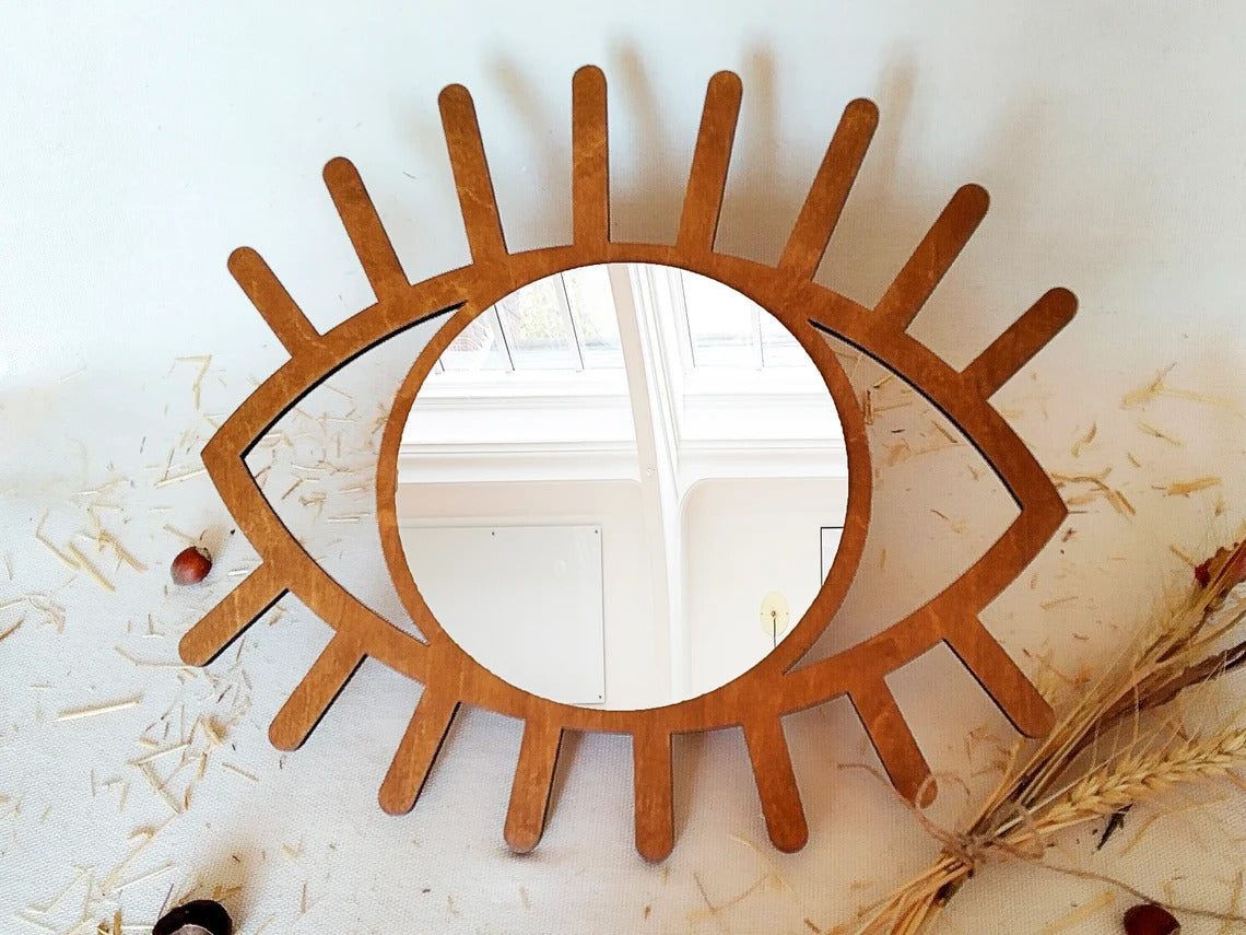 Wooden Evil Eye Wall Mirror | Boho All Seeing Eye Home Decor | Evil Eye Wooden Wall Art Mirror for Living Room & Bedroom | 12 x 12.8 Inch