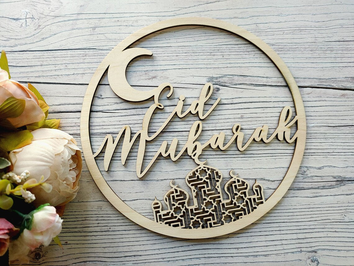 Eid Mubarak Hanging Sign Wooden Wall Decor | Ramadan Eid Celebration Decoration | Islamic Moon Mosque Design Circle Wall Hanger | MDF Wood Eid Decoration |12 Inch